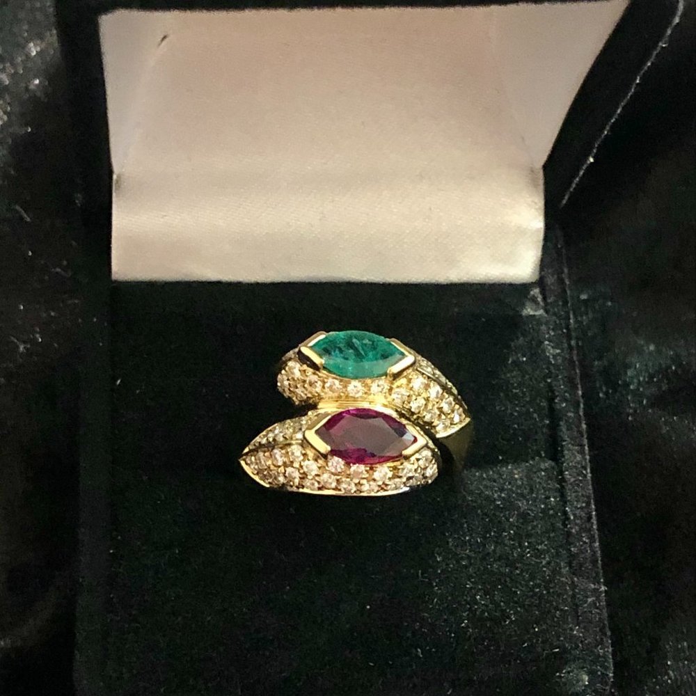 18K Yellow Gold Emerald, Ruby & Diamond Ring
